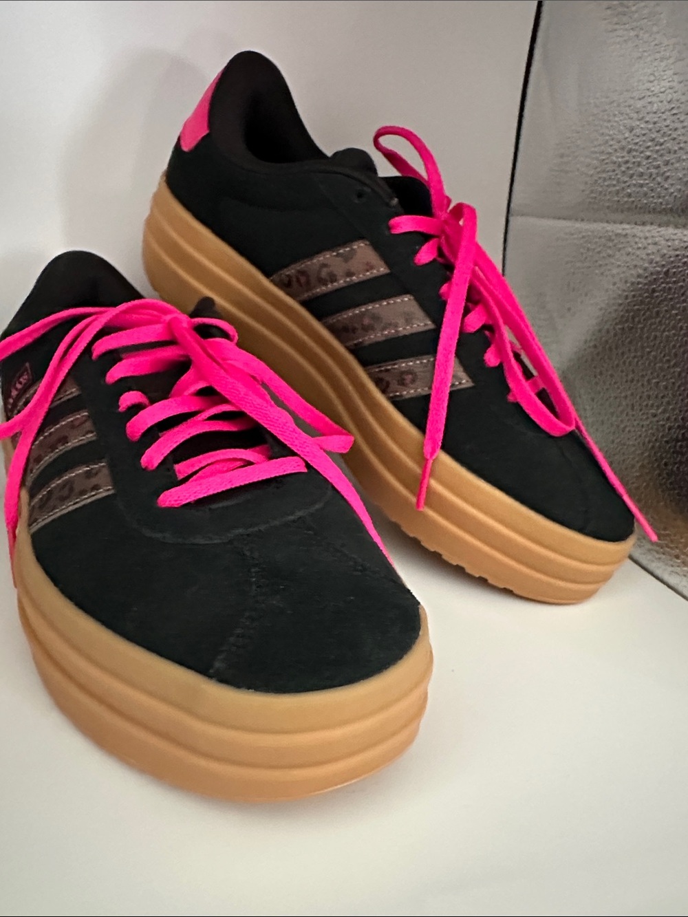 Black Suede Platform Sneakers with Hot Pink Laces